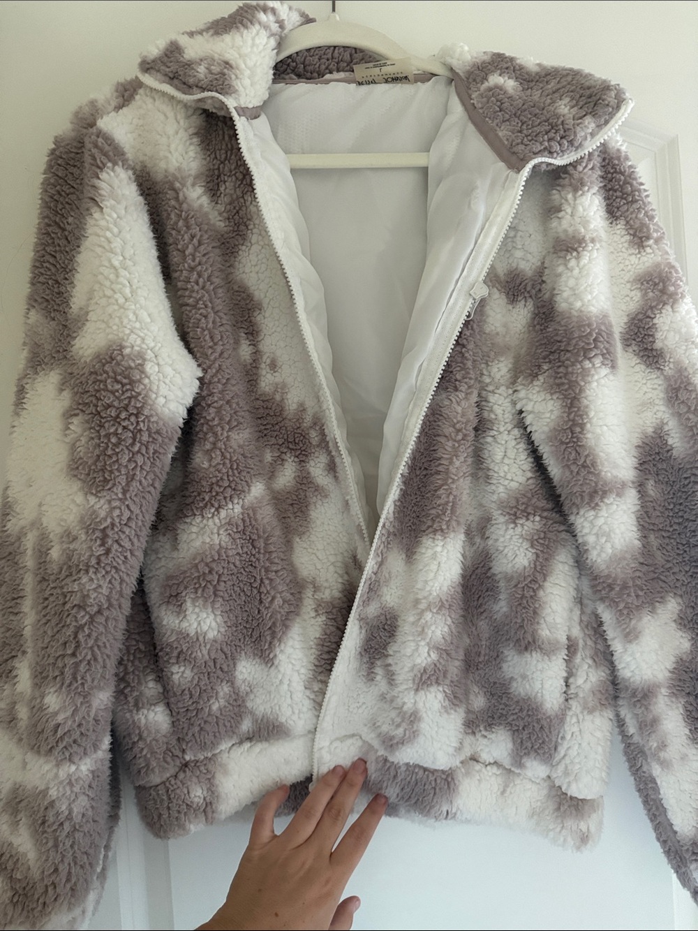 Betsey Johnson Taupe & White Plush Sherpa Zip-Up Jacket
